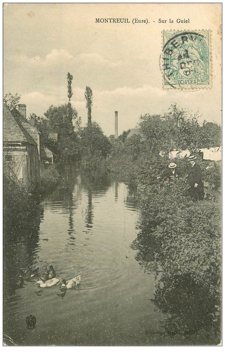 carte postale ancienne 27 MONTREUIL. Personnages et Canards sur le Guiel 1907.