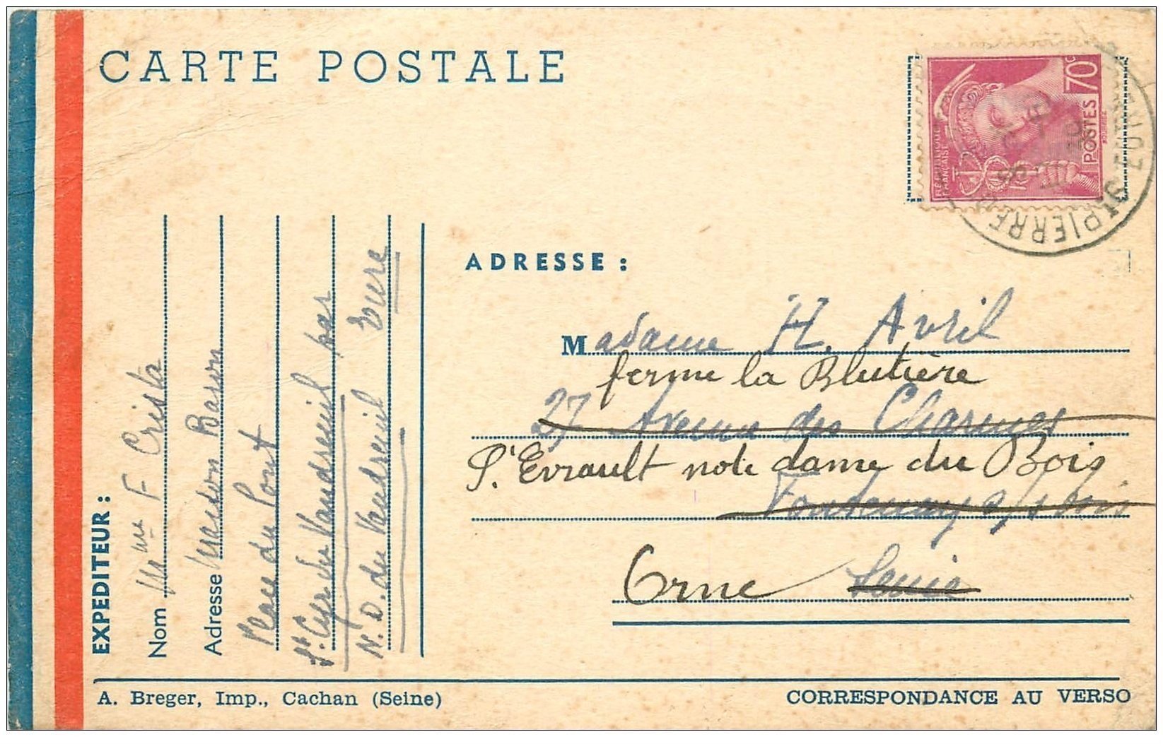 carte postale ancienne 27 NOTRE-DAME-DU-VAUDREUIL. Carte correspondance 1939