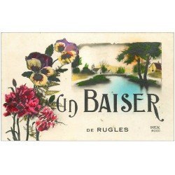 carte postale ancienne 27 RUGLES.. Un Baiser. Paysage et Fleurs