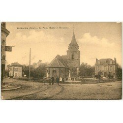 carte postale ancienne 27 SAINT-MACLOU. Eglise et Monument sur la Place. Café animation
