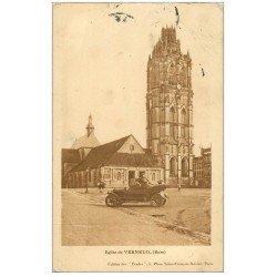 carte postale ancienne 27 VERNEUIL-SUR-AVRE. Automobile devant l'Eglise