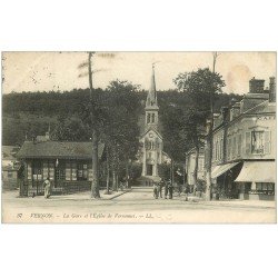 carte postale ancienne 27 VERNON. Gare et Eglise de Vernonnet 1915 Café de la Gare