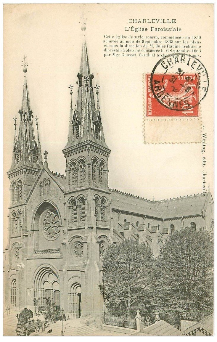 carte postale ancienne 08 MEZIERES. L'Eglise Paroissiale 1908. Livraison de plantes sur le Perron
