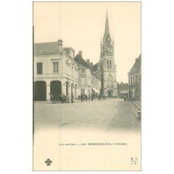 carte postale ancienne 41 MONDOUBLEAU. Le Clocher et Café du Midi et des Voyageurs