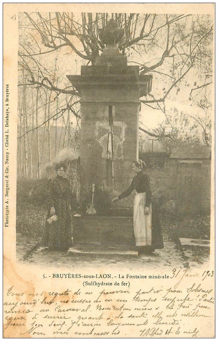 carte postale ancienne 02 BRUYERES-SOUS-LAON. La Fontaine minérale 1903. Edition Bergeret