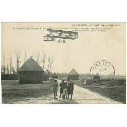 carte postale ancienne 51 CAMP DE CHALONS MOURMELON. Farman premier voyage en Aéroplane 1911. Aviateur et Avion