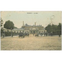 carte postale ancienne 51 EPERNAY. La Gare. Carte toilée 1910