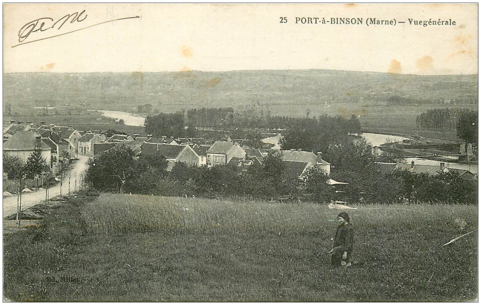 carte postale ancienne 51 PORT-A-BINSON. vue générale avec Fillette 1919