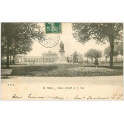 carte postale ancienne 51 REIMS. Square Stautue Colbert et Gare 1908