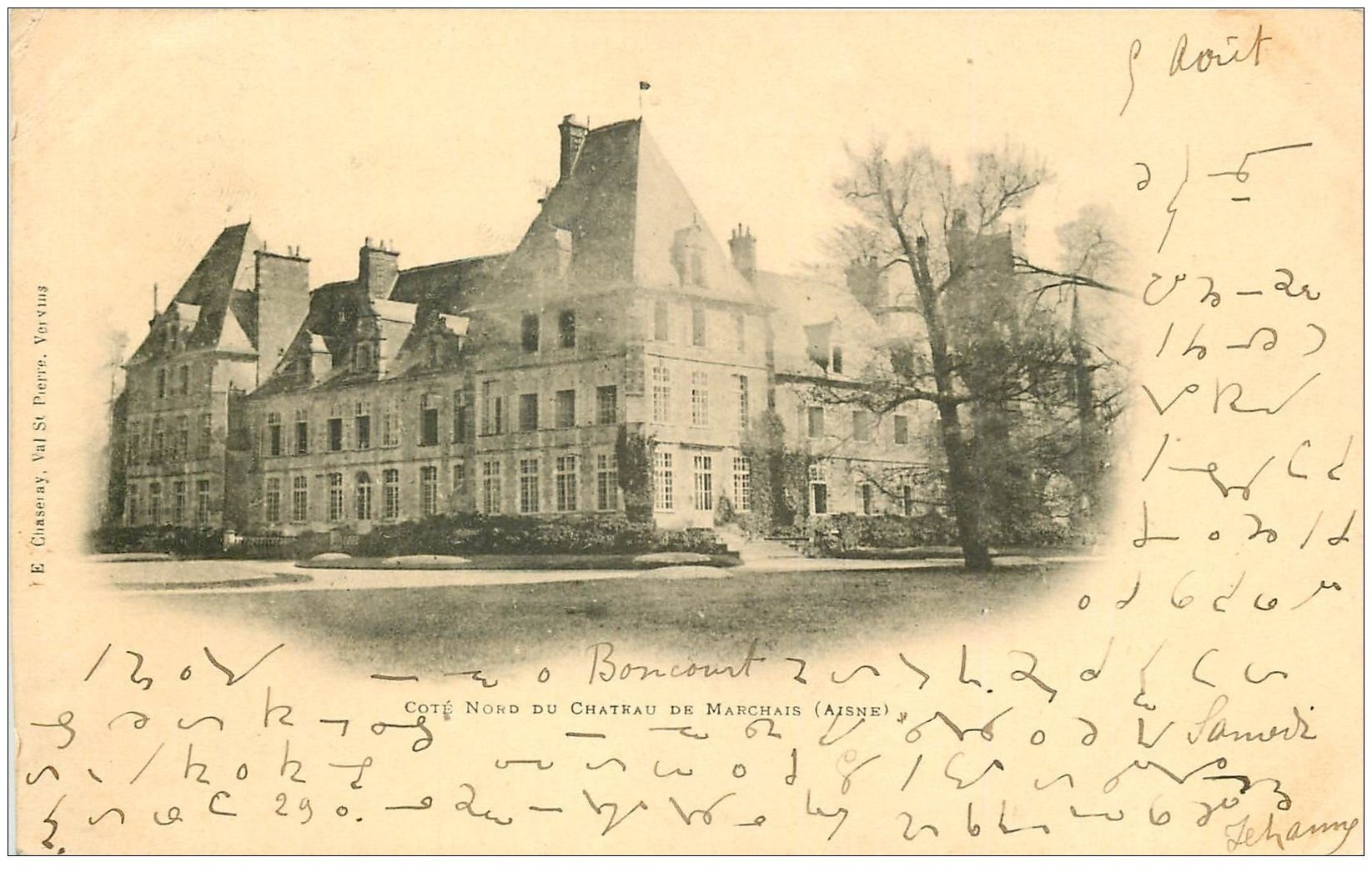 carte postale ancienne 02 CHATEAU DE MARCHAIS. 1902 écriture spéciale...