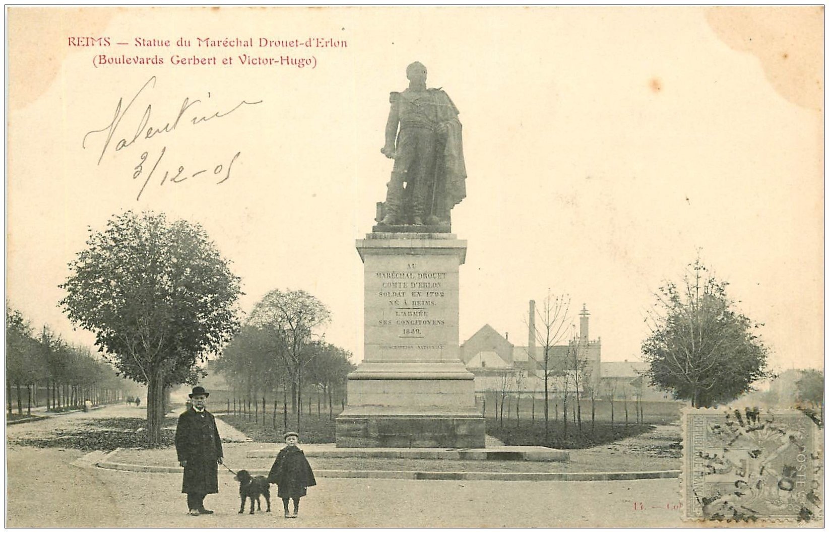 carte postale ancienne 51 REIMS. Statue Maréchal Drouet Comte d'Erlon 1905 Boulevard Gerbert
