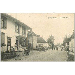carte postale ancienne 51 SAINT-OUEN. Grande Rue motocyclette, vélo et Forgeron. Superbe animation 1916