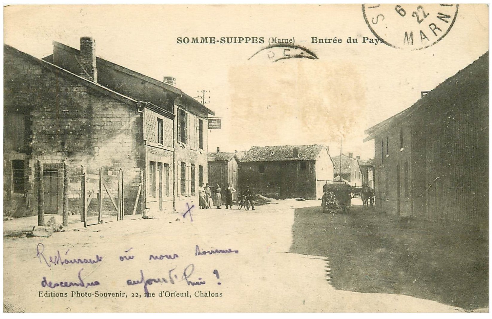carte postale ancienne 51 SOMME-SUIPPES. Entrée du Pays 1922 Hôtel Restaurant