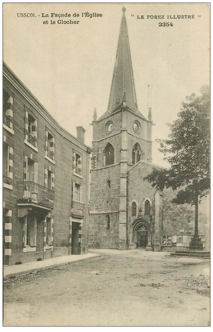carte postale ancienne 42 USSON. Eglise et Clocher 1907