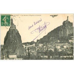 carte postale ancienne 43 LE PUY. Rocher d'Aiguilhe et Corneille avec Aéroplane