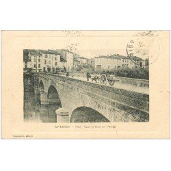 carte postale ancienne 09 SAVERDUN. Quai et Attelage sur le Pont sur l'Ariège 1915