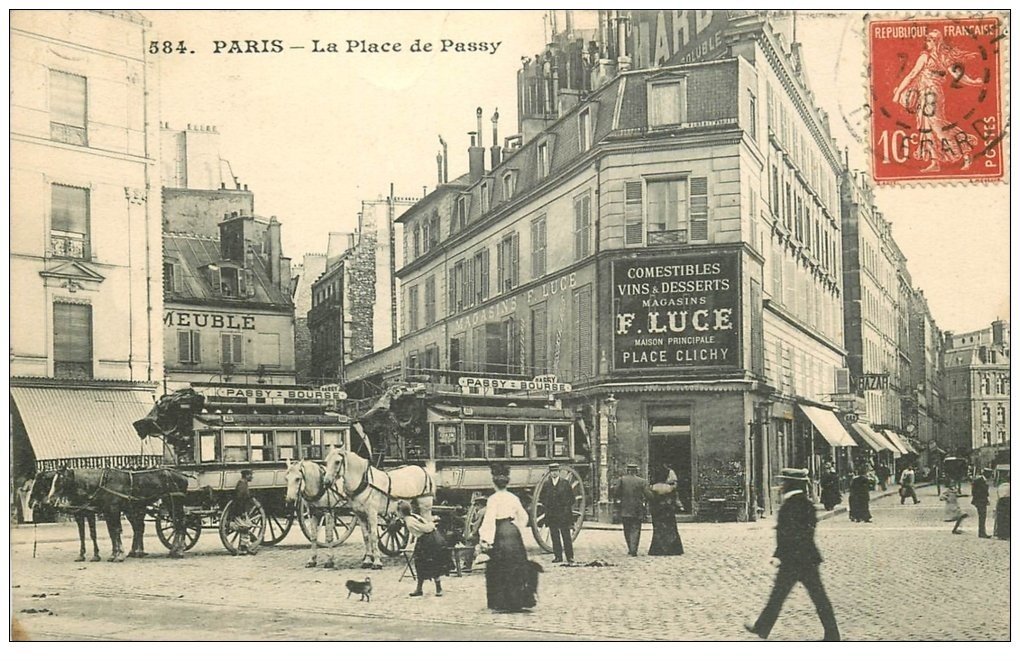 PARIS 16. Hippomobiles Omnibus Place de Passy 1908. Magasins Luce