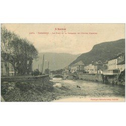 carte postale ancienne 09 TARASCON. Pont et Terrasse Hôtel Francal. 1912 Café du Cercle et des Voyageurs