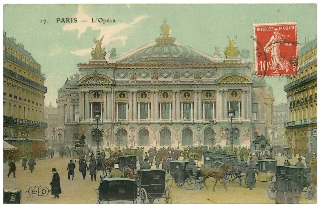 PARIS 09. L'Opéra et Fiacres. Carte émaillographie vers 1909