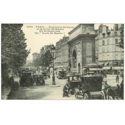 carte postale ancienne PARIS 10. Porte Saint-Martin et Boulevard Saint-Denis. Taxis et Autobus Ford