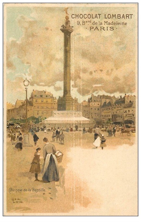 carte postale ancienne PARIS 12. Place de la Bastille. Chocolat Lombart Boulevard de la Madeleine