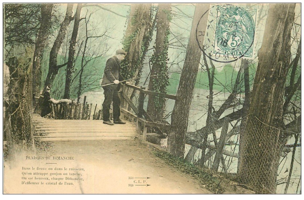 carte postale ancienne PARIS 16. Bois de Boulogne. Pêcheur sur petit Pont Plaisirs du Dimanche 1906