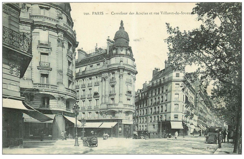carte postale ancienne PARIS 17. Carrefour des Acacias et rue Villaret-de-Loveuse 1912 Magasin Peugeot