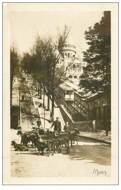 carte postale ancienne PARIS 18. Le Chevrier de Montmartre. Chèvres et Funiculaire