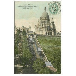 carte postale ancienne PARIS 18. Le Sacré-Coeur de Montmartre en rénovation et Funiculaire 1907