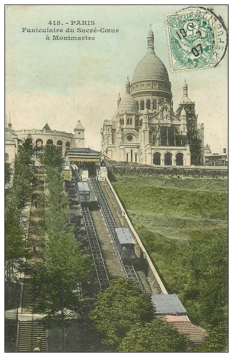 carte postale ancienne PARIS 18. Le Sacré-Coeur de Montmartre en rénovation et Funiculaire 1907