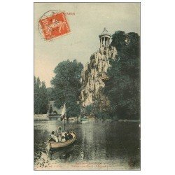 carte postale ancienne PARIS 19. Buttes Chaumont. Bateau Passeur 1910 et Belvédére