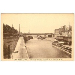 carte postale ancienne PARIS 19. Canal de l'Ourcq Bassin de la Villette péniches