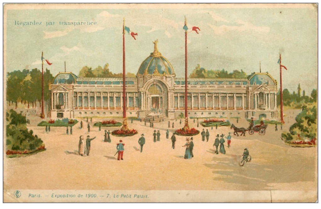 PARIS EXPOSITION UNIVERSELLE 1900. Petit Palais. Carte à Système par transparence lumières dans la Nuit...