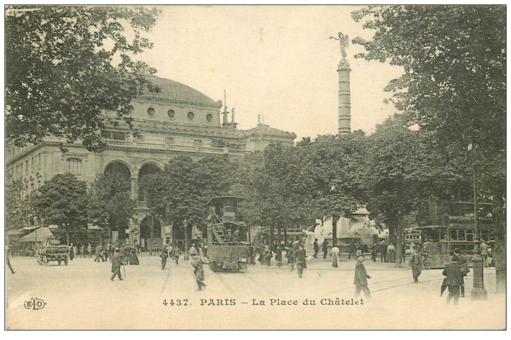 carte postale ancienne PARIS I°. Place du Chatelet Tramway à Impériale et à vapeur 1913