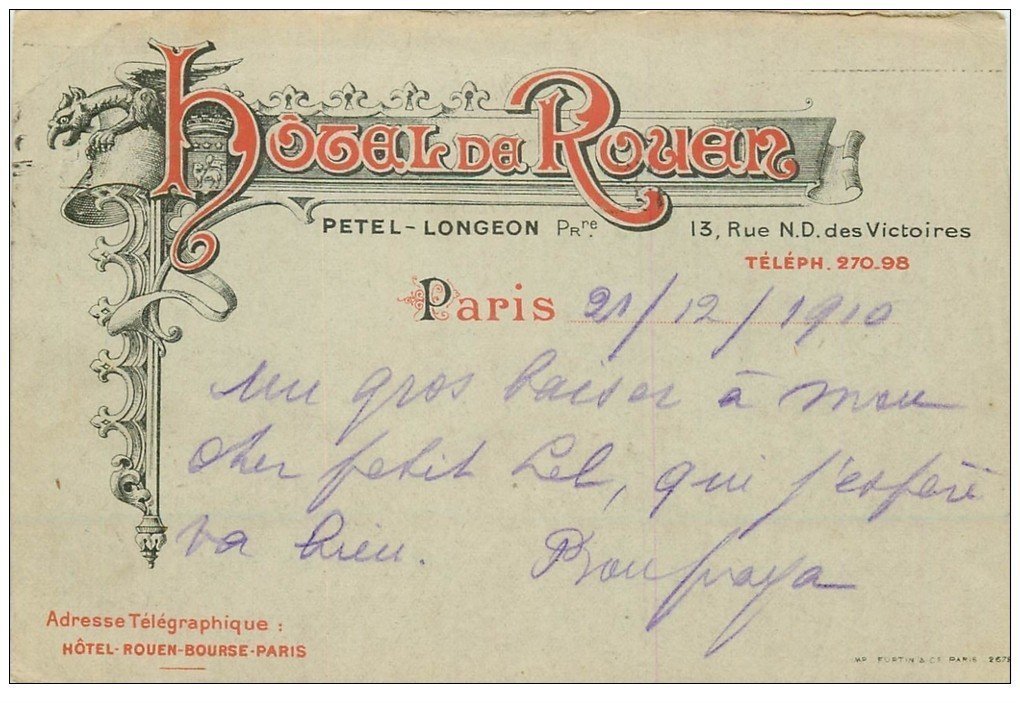 carte postale ancienne PARIS II° Hôtel de Rouen rue Notre-Dame des Victoires 1910