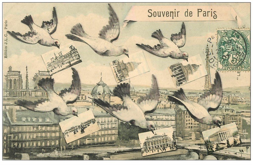 carte postale ancienne PARIS. Multivues 1907 Pigeons avec Cartes Postales