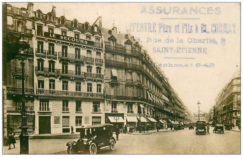 PARIS 01. Avenue de l'Opéra. Assurances Le Secours et Banque du Sud. Tampon Lefebvre Saint-Etienne