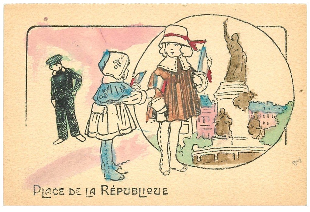 Rare 75 PARIS 10. Place de la République colorisée et peinte à la main 1925. Drapeaux tricolores