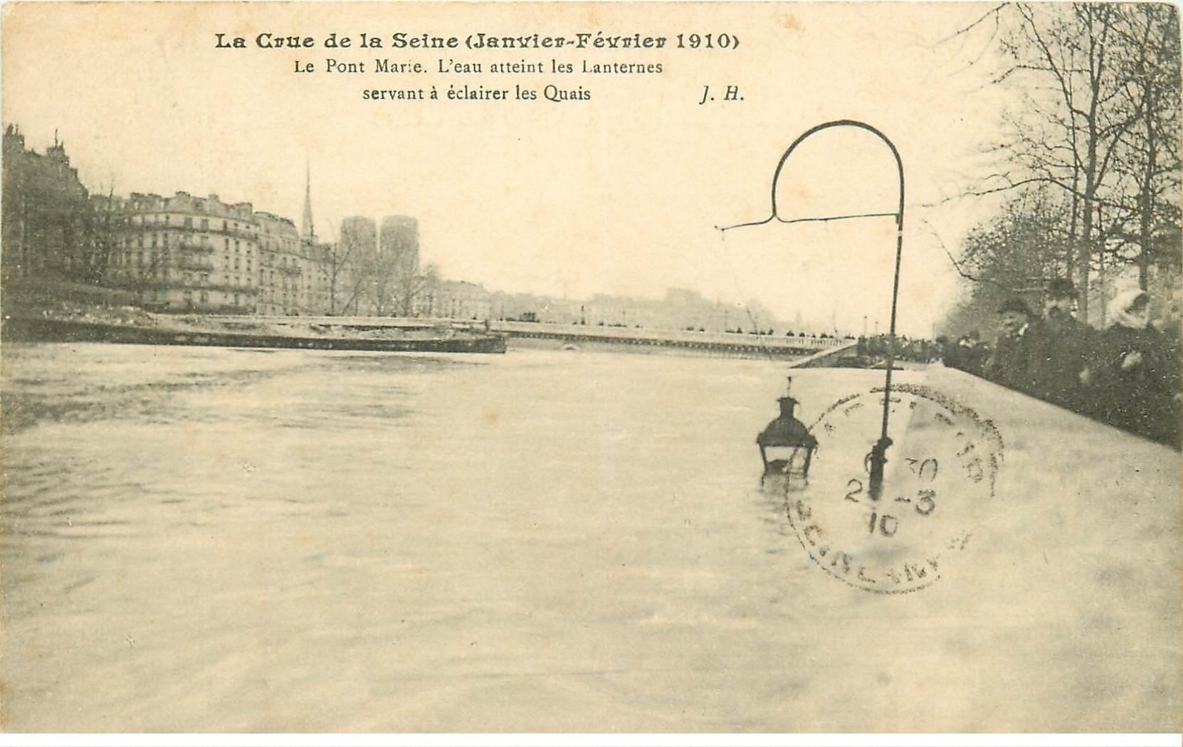 carte postale ancienne INONDATION ET CRUE DE PARIS 1910. Pont Marie les Lanternes sous l'eau