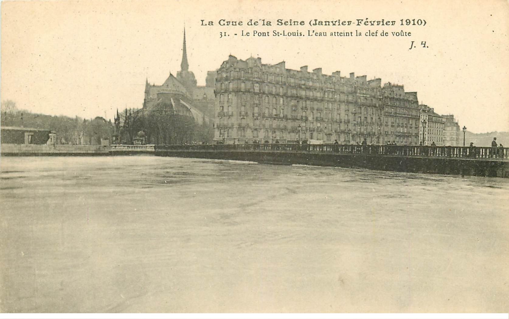 INONDATION ET CRUE DE PARIS 1910. Pont Saint-Louis eau sous Clef de Voûte