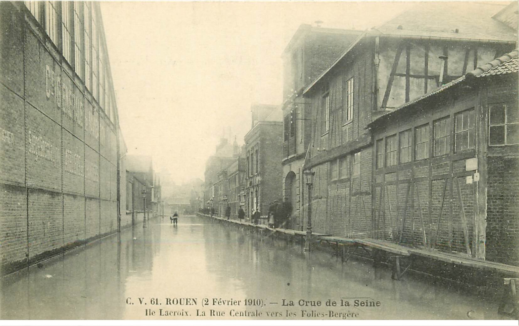 Inondationq et Crue de 1910. ROUEN 76. Ile Lacroix Rue Centrale