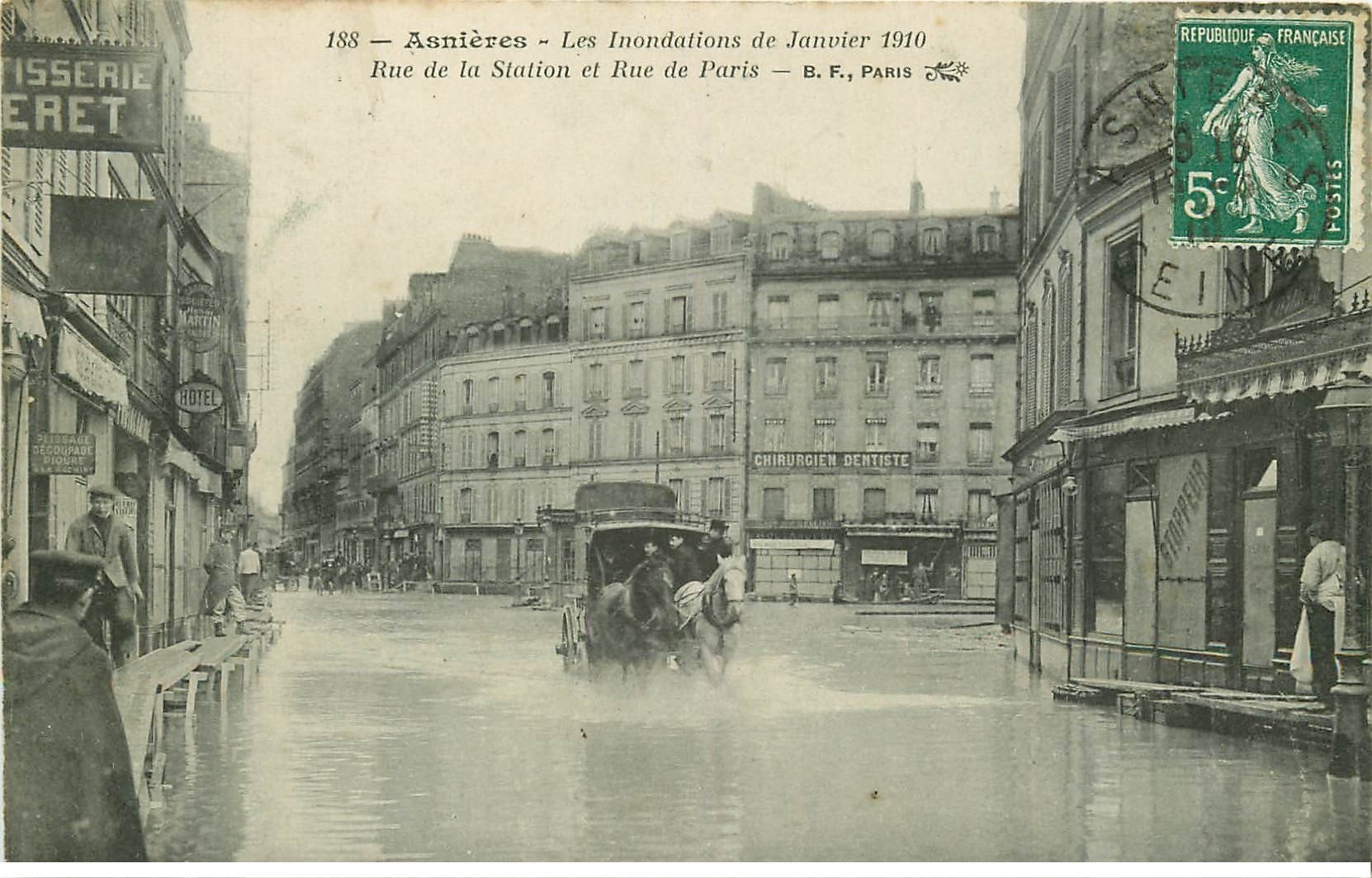Inondations et Crue de 1910. ASNIERES 92. Rue de la Station et de Paris