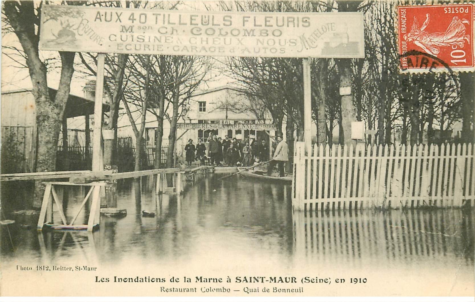Inondation et Crue de 1910. SAINT-MAUR 94. Quai de Bonneuil Restaurant Colombo Aux 40 Tilleuls fleuris