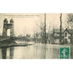 carte postale ancienne Inondation et Crue de 1910. SAINT-MAUR 94. Passerelle et Ile Machefer