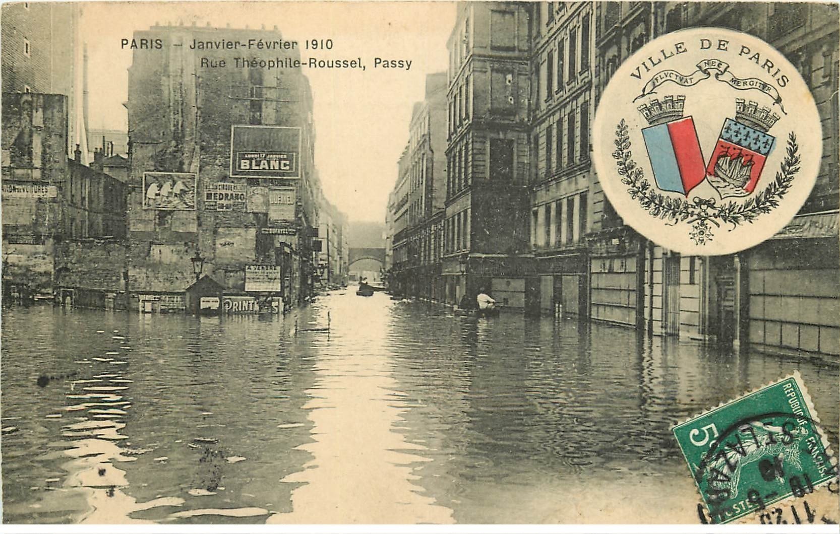 Inondation et Crue de PARIS 1910. Rue Théophile Roussel et Passy