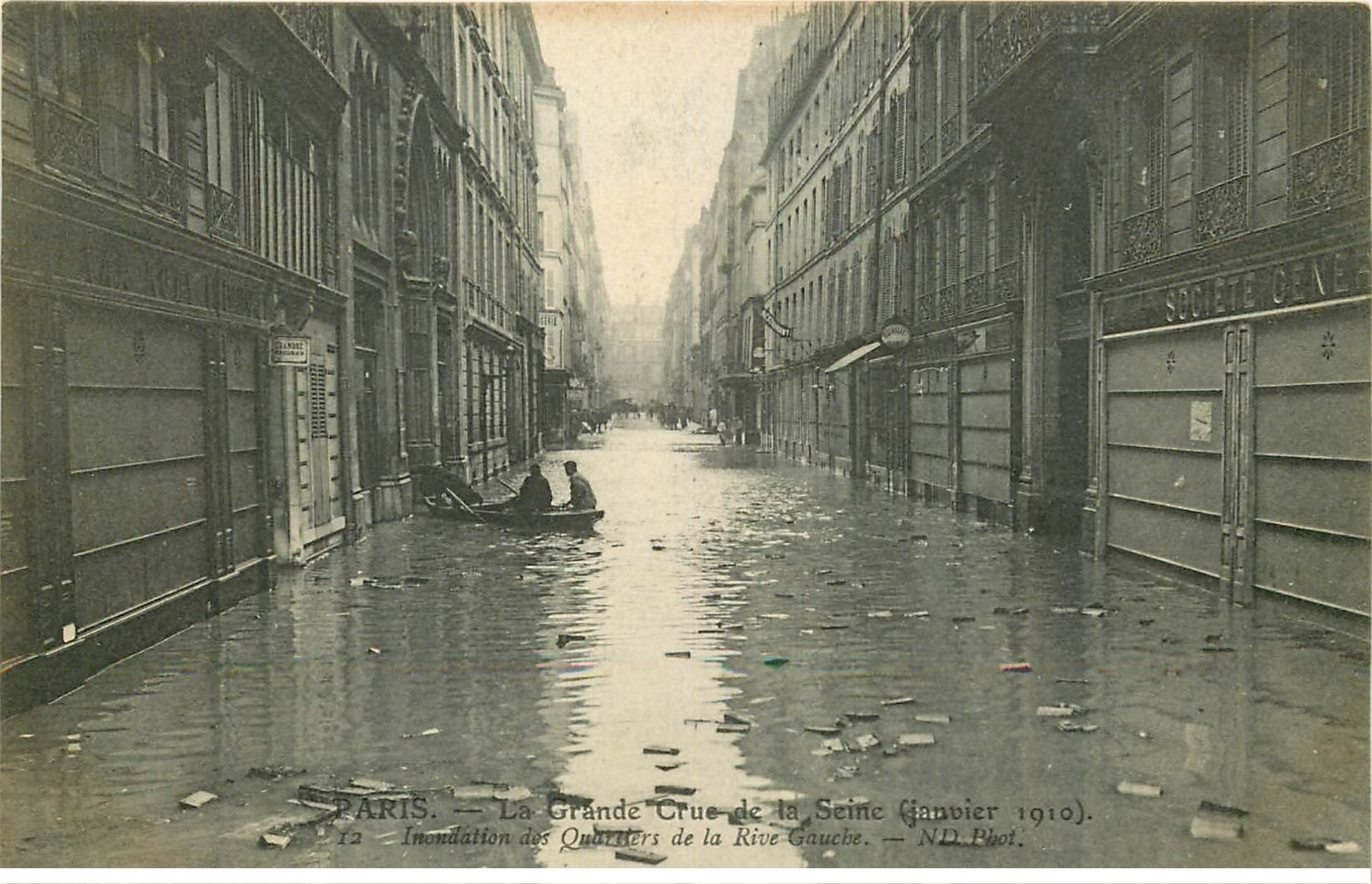 INONDATION ET CRUE PARIS 1910. Quartiers Rive Gauche avec Banque Société Générale