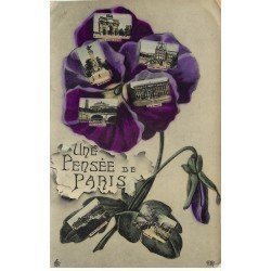 PARIS Fantaisie . Carte multi-vues et Fleur 1907. Carte émaillographie (dico)