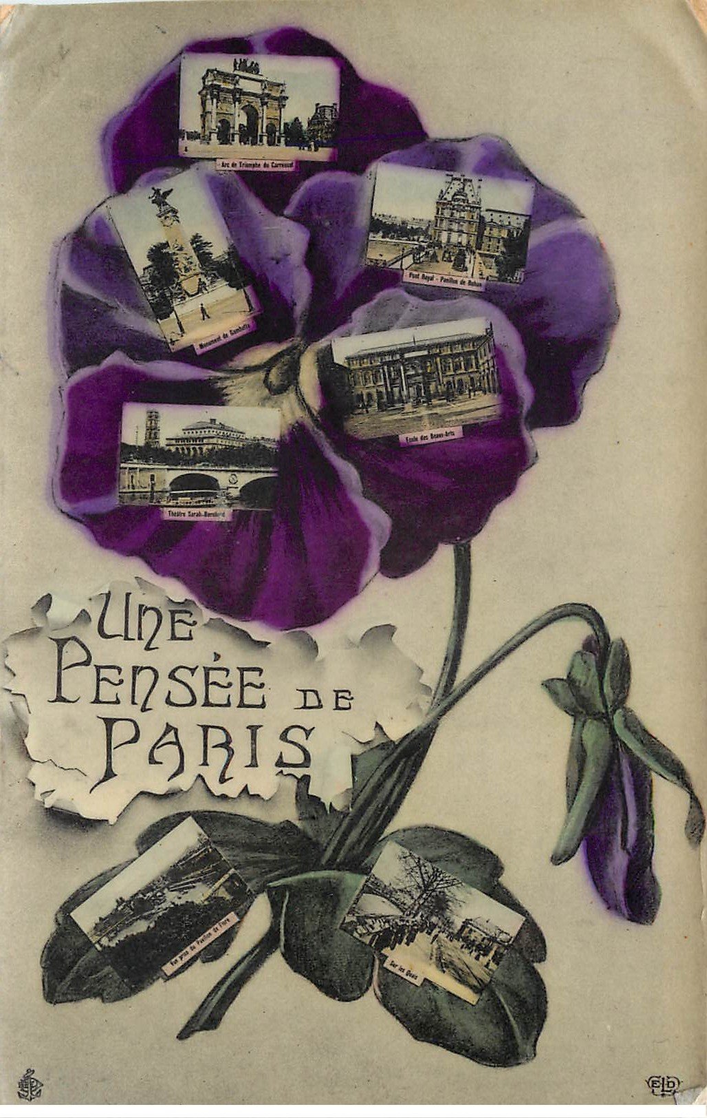 PARIS Fantaisie . Carte multi-vues et Fleur 1907. Carte émaillographie (dico)