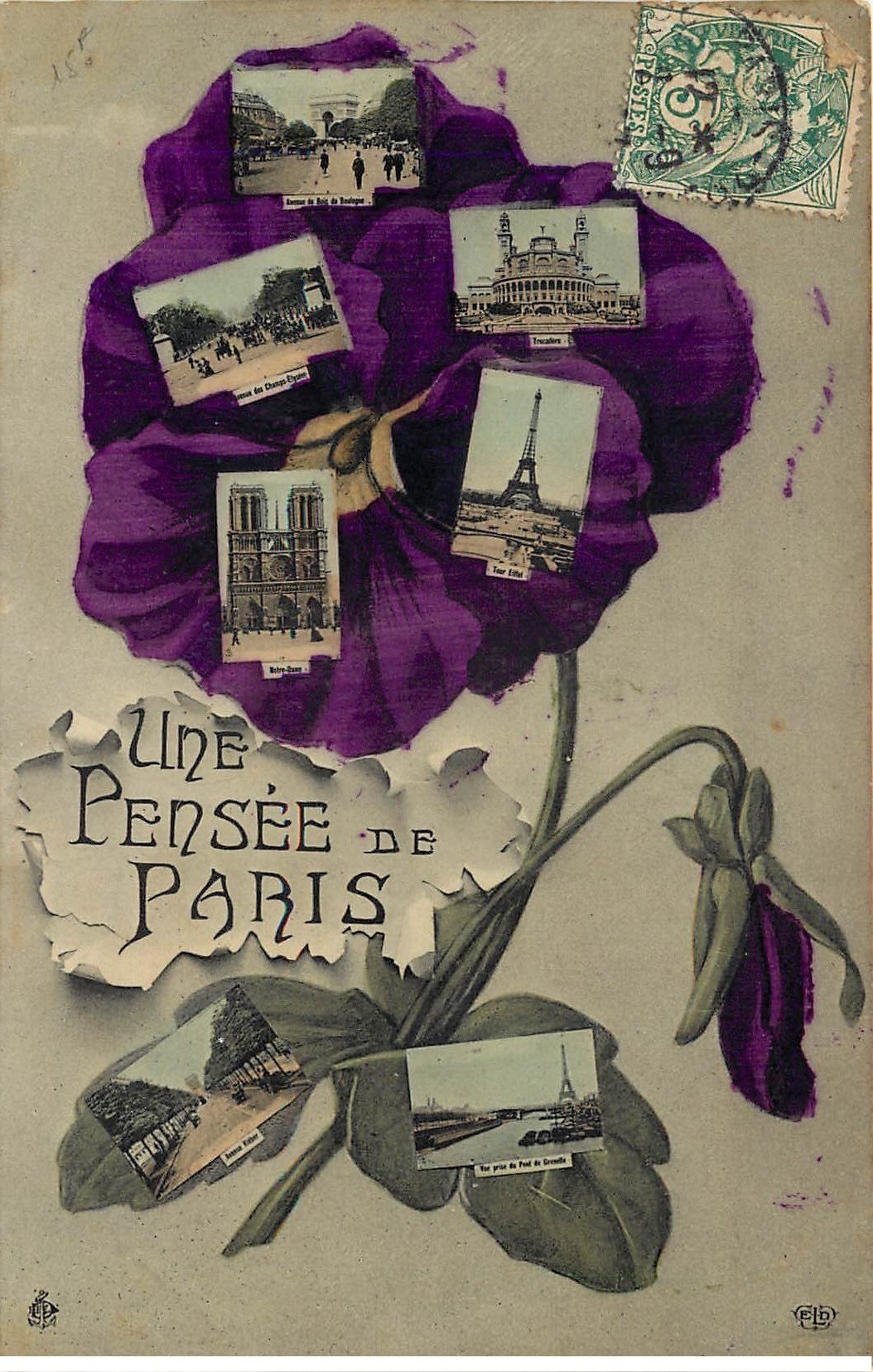 PARIS Fantaisie . Carte multi-vues Monuments et Fleur 1907. Carte émaillographie (dico) ELD