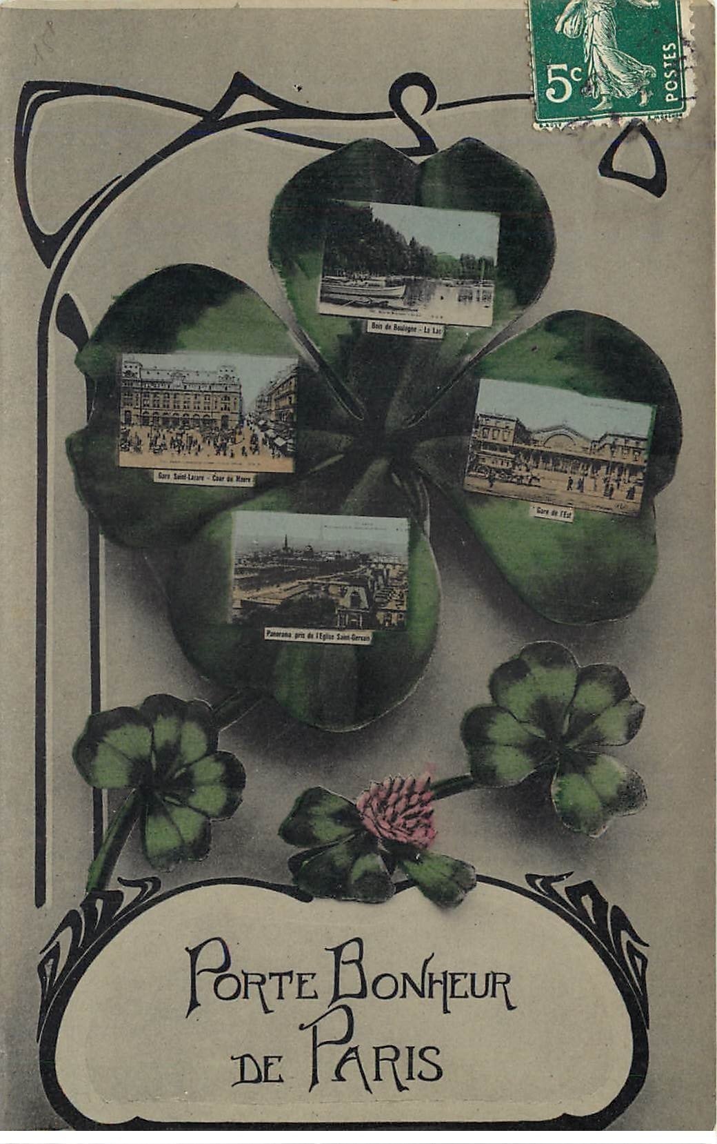PARIS Fantaisie . Carte multivues et Fleur 1908. Carte émaillographie (dico) éditions ELD